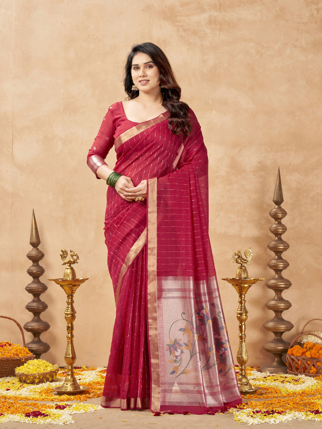 Tissue Cotton Saree With Paithani Pallu And Zari Weaving Work