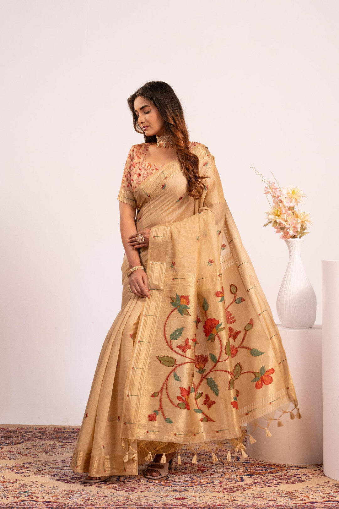 Muga Cotton Saree with Paithani Pallu and Zari Weaving Border