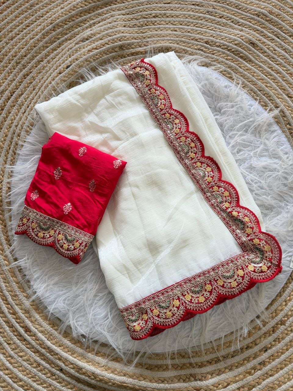 White Color Soft Crunchy Chiffon Saree With Thread Embroidery Work