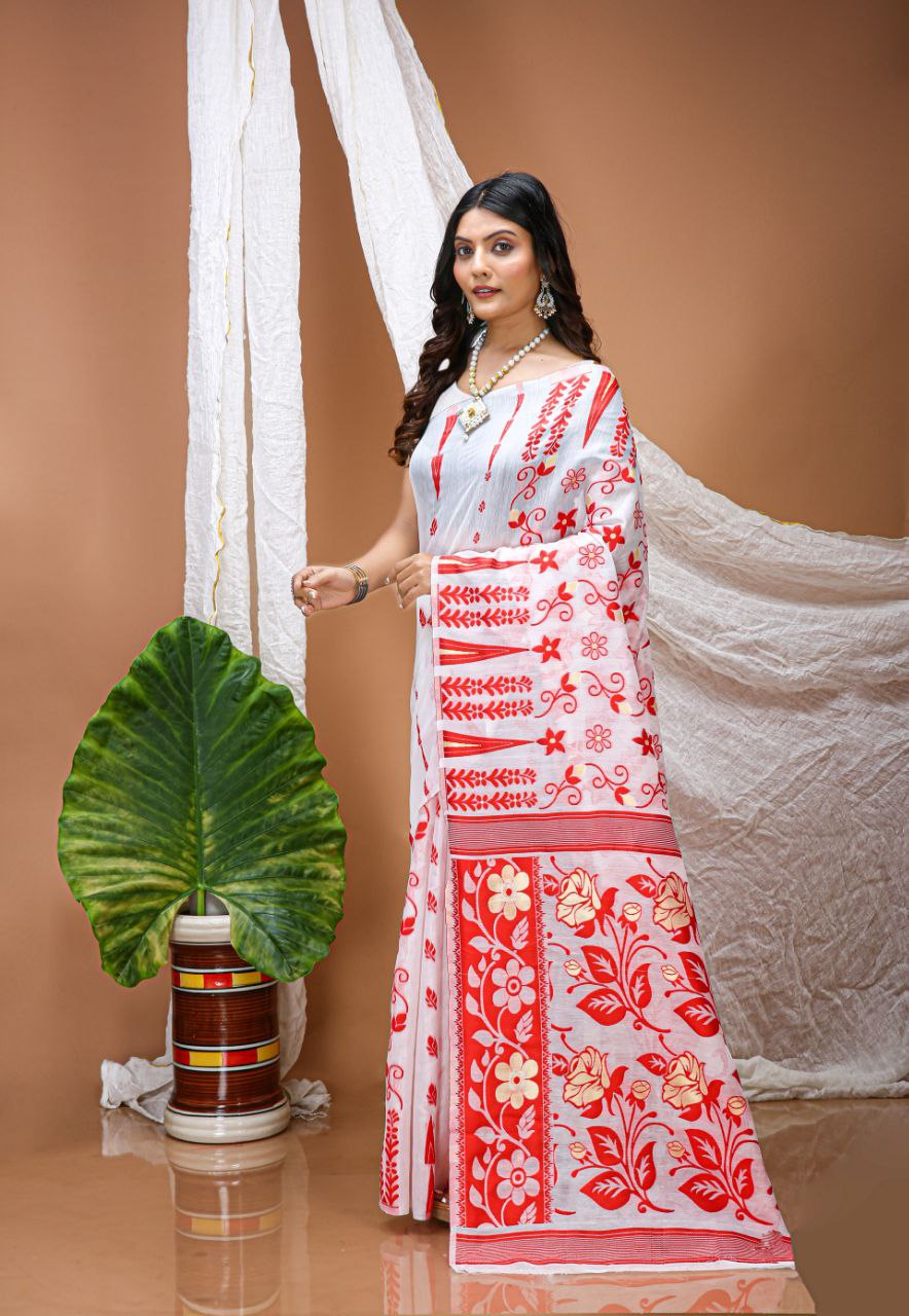 White Color Soft Linen Cotton Saree With Marker Salb Weaving Work