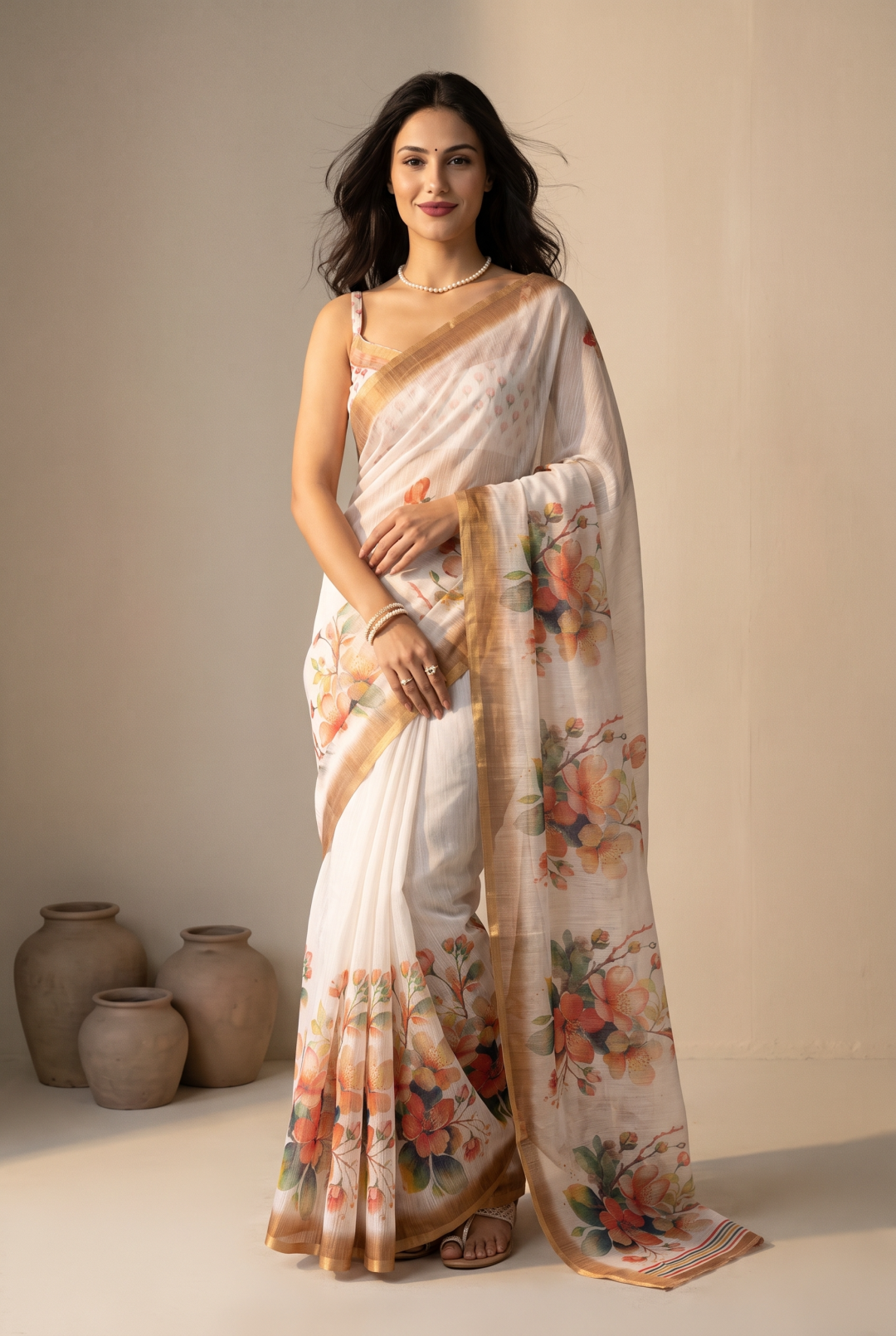 Soft Linen Cotton Saree With Beautiful Digital Printed Work With Zari Border