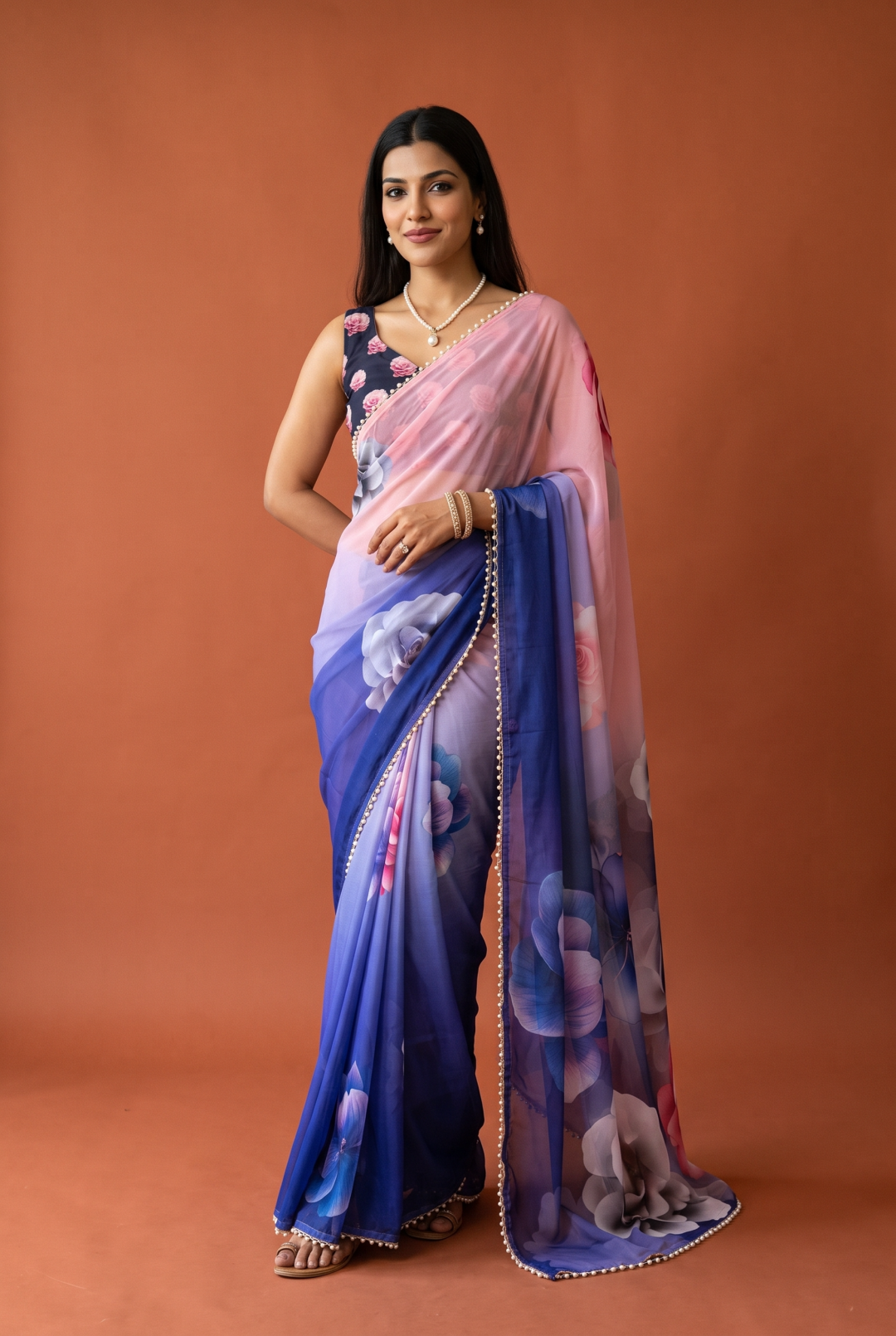 Soft Georgette Saree With Beautiful Digital Printed Work With Lace Moti Border