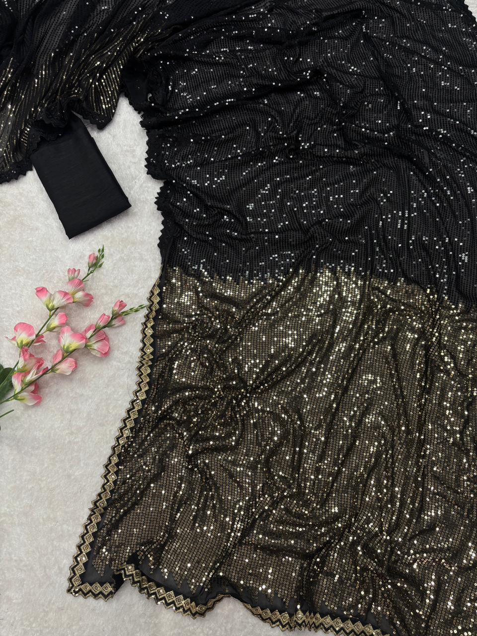 Black Georgette Saree With All Over Sequence Work And Lace Border
