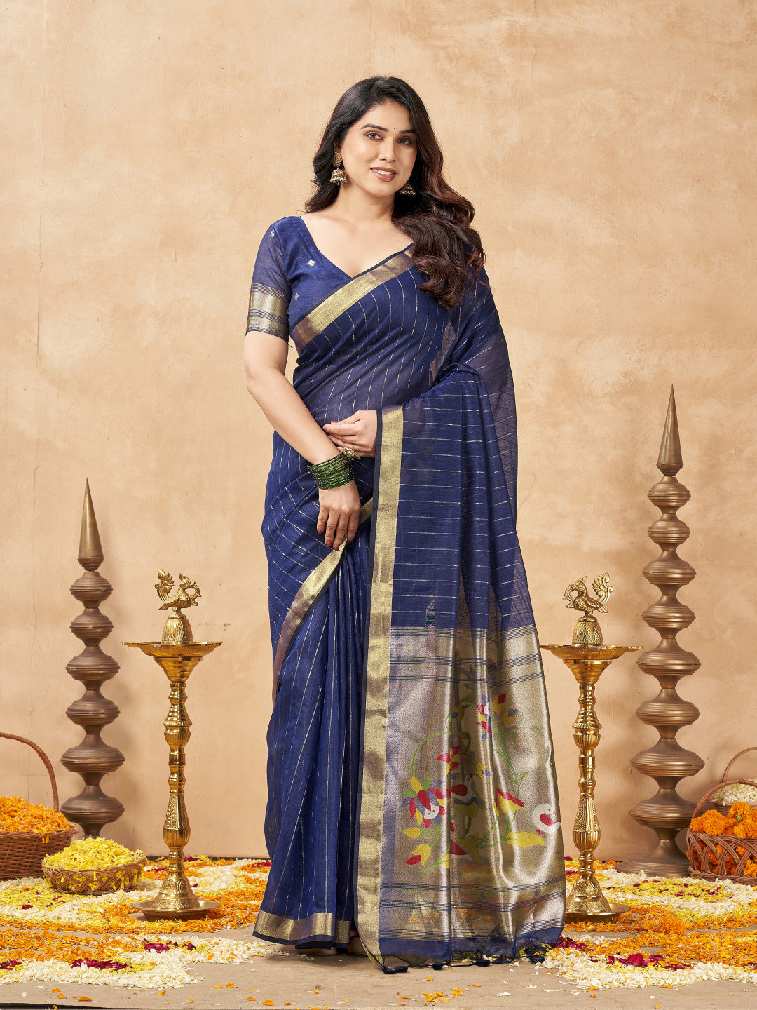 Tissue Cotton Saree With Paithani Pallu And Zari Weaving Work