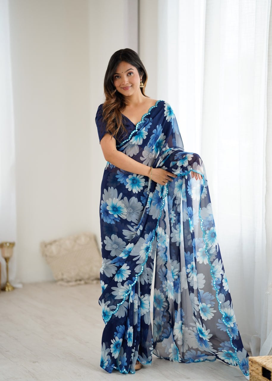 Georgette Saree With Printed Work And Mirror Work Border