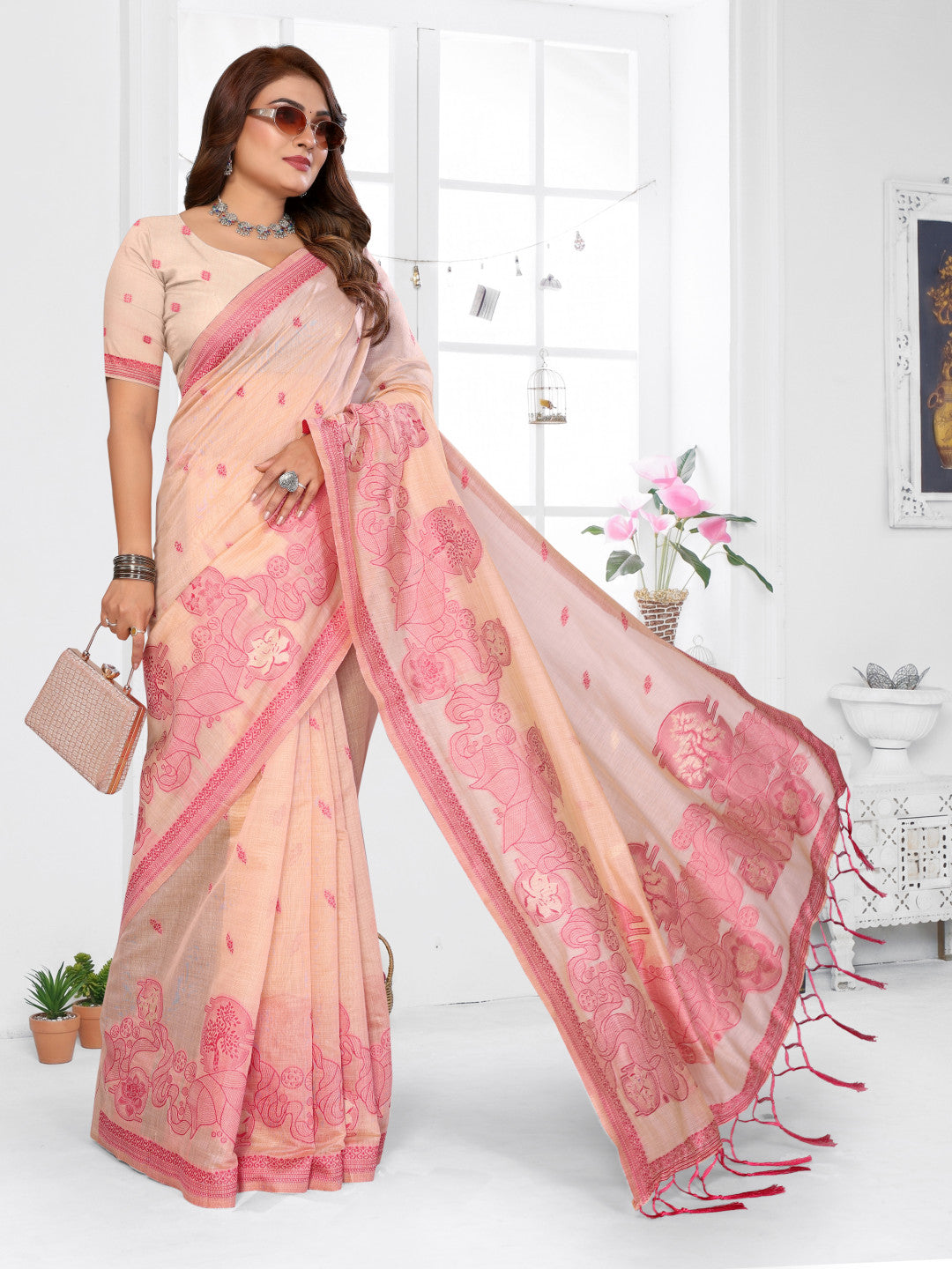Soft Spun Base Muga Cotton Saree With Jacquard Weaving Work