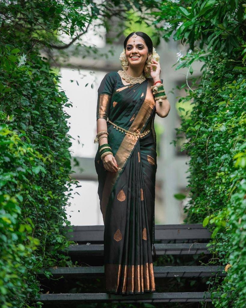 Green Color Soft Lichi Silk Saree With Jacquard Weaving Wor