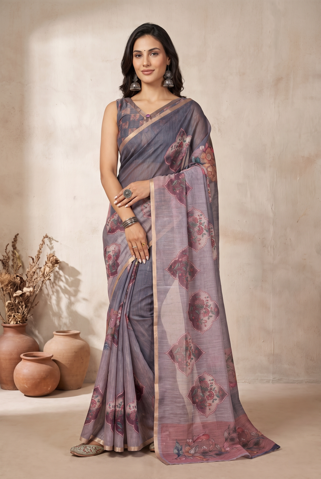 Soft Linen Cotton Saree With Beautiful Digital Printed Work With Zari Border