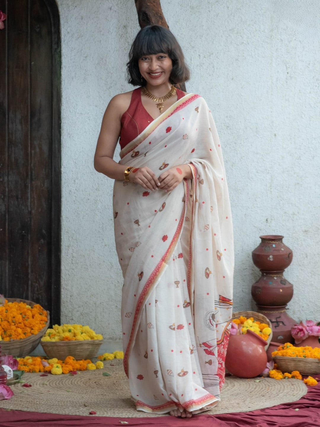Durga Pooja Special White Color Soft Linen Cotton Saree With Digital Printed Work And Golden Zari