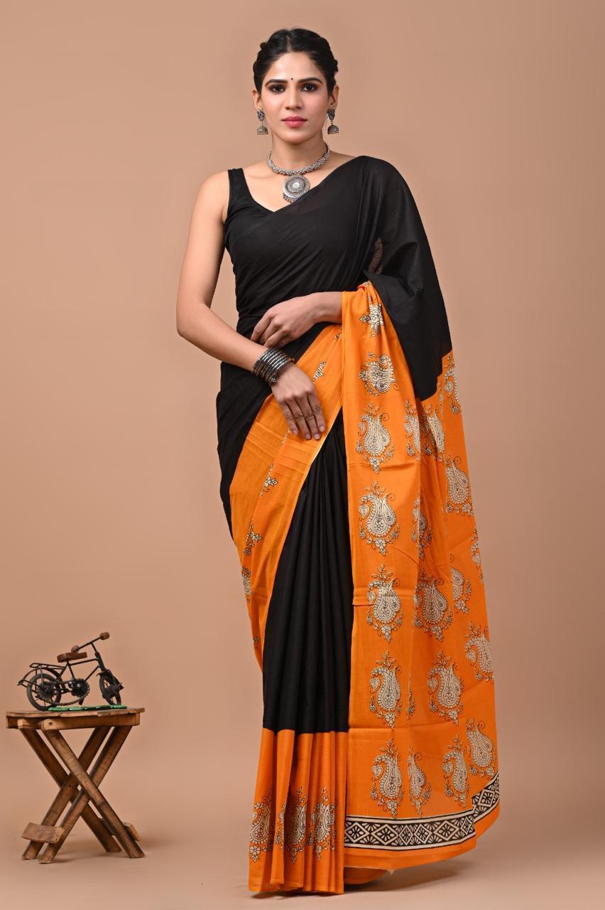 Mulmul Cotton Saree With Bagru Block Printed Work