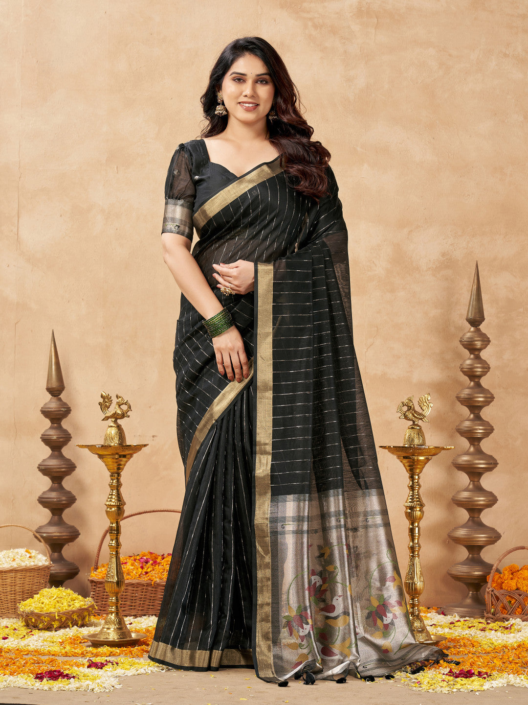 Tissue Cotton Saree With Paithani Pallu And Zari Weaving Work
