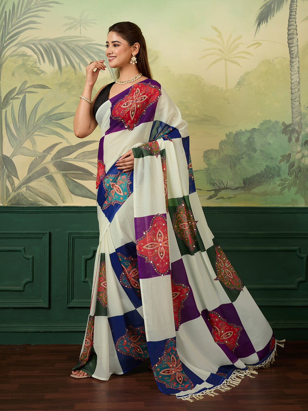 Soft Star Georgette Silk Saree With Digital Printed And Mirror Work
