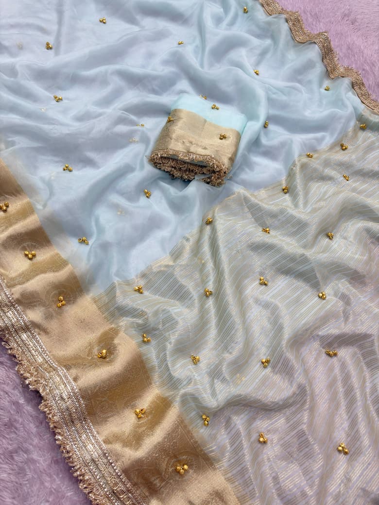 Organza Silk Saree with Beautiful Ghunghroo and Golden Zari Border Work
