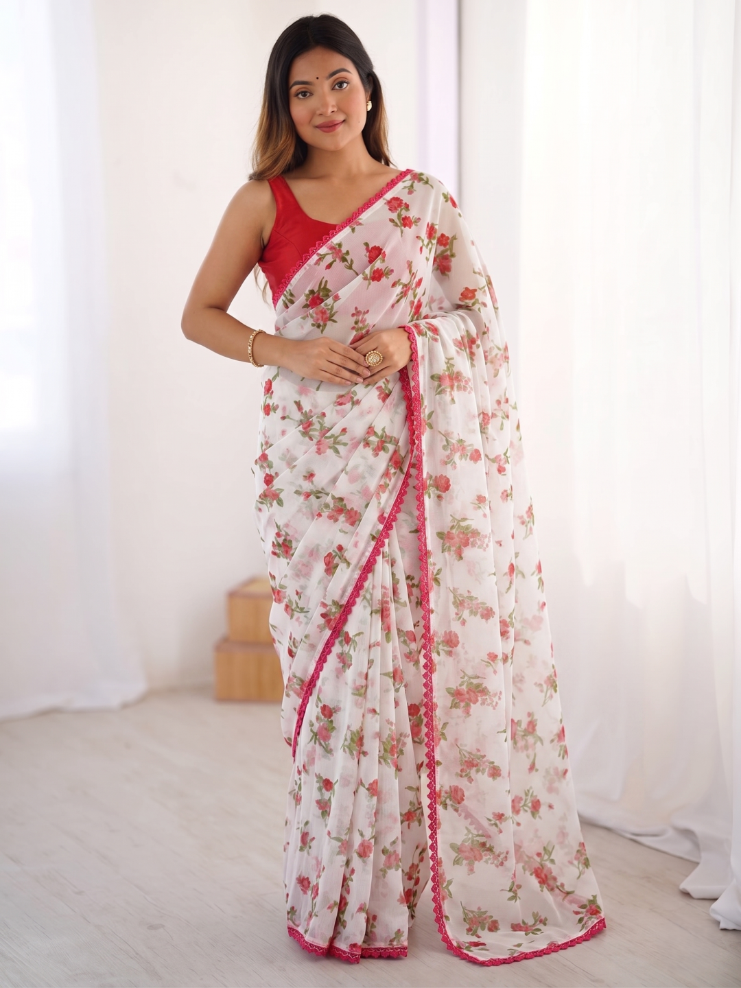 Soft Chiffon Saree With All-over Digital Floral Print And Lace Border