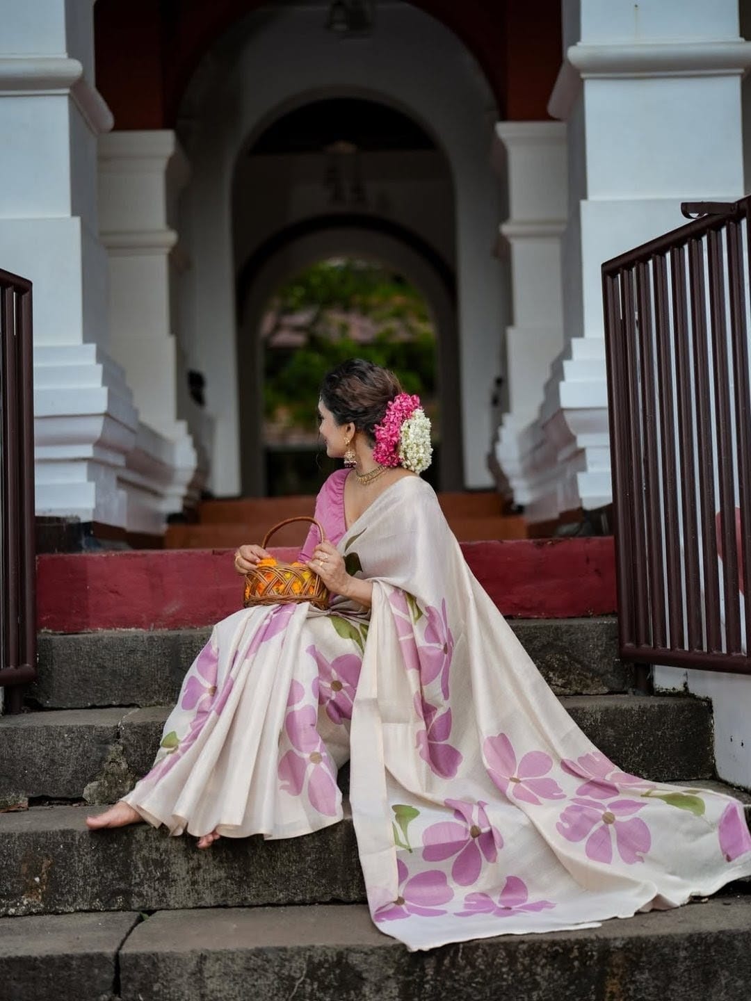 White Color Linen Tissue Silk Saree With Digital Printed Work