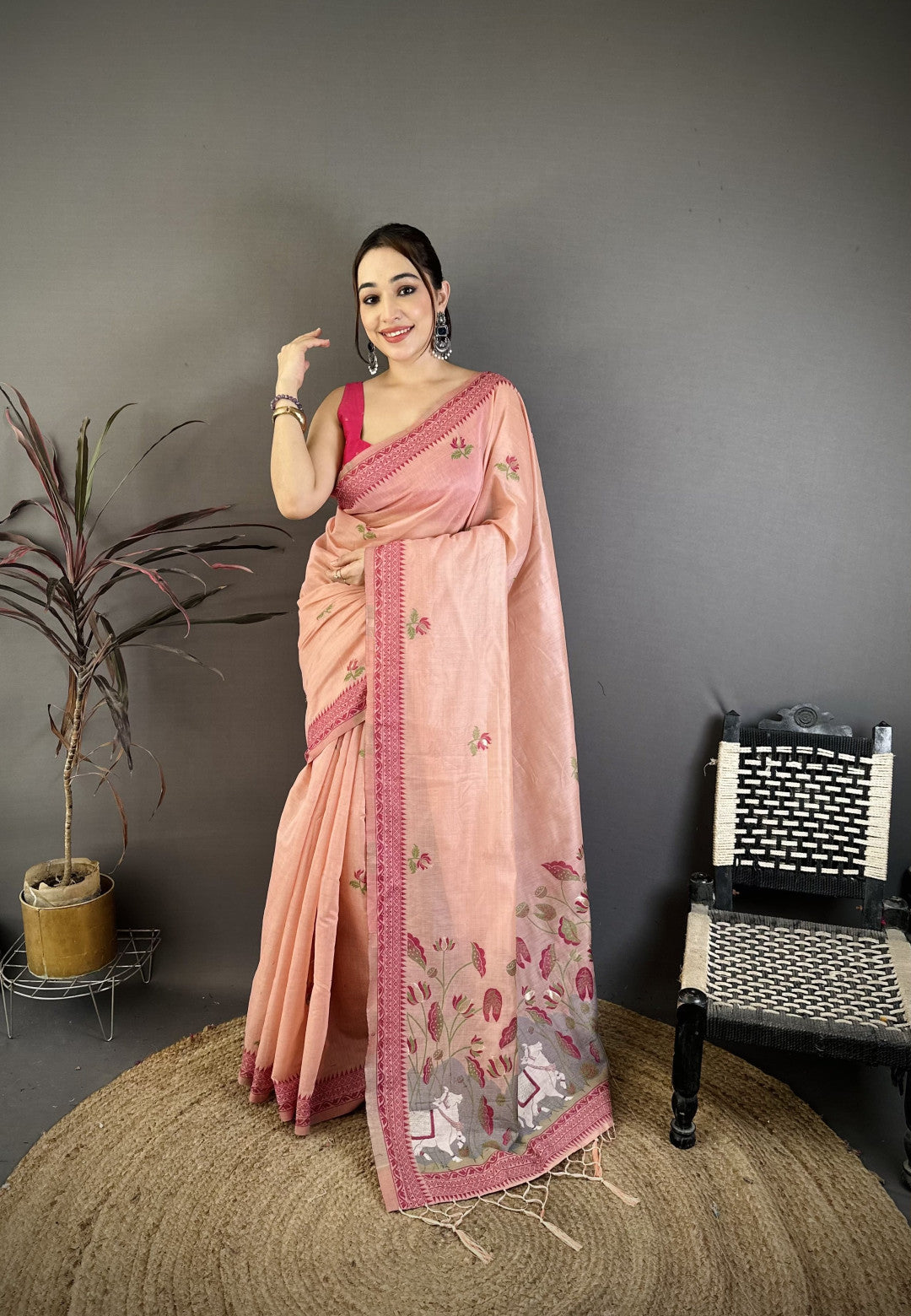 Muga Cotton Saree With Woven Motif And Rich Woven Border Weaving Pallu Work