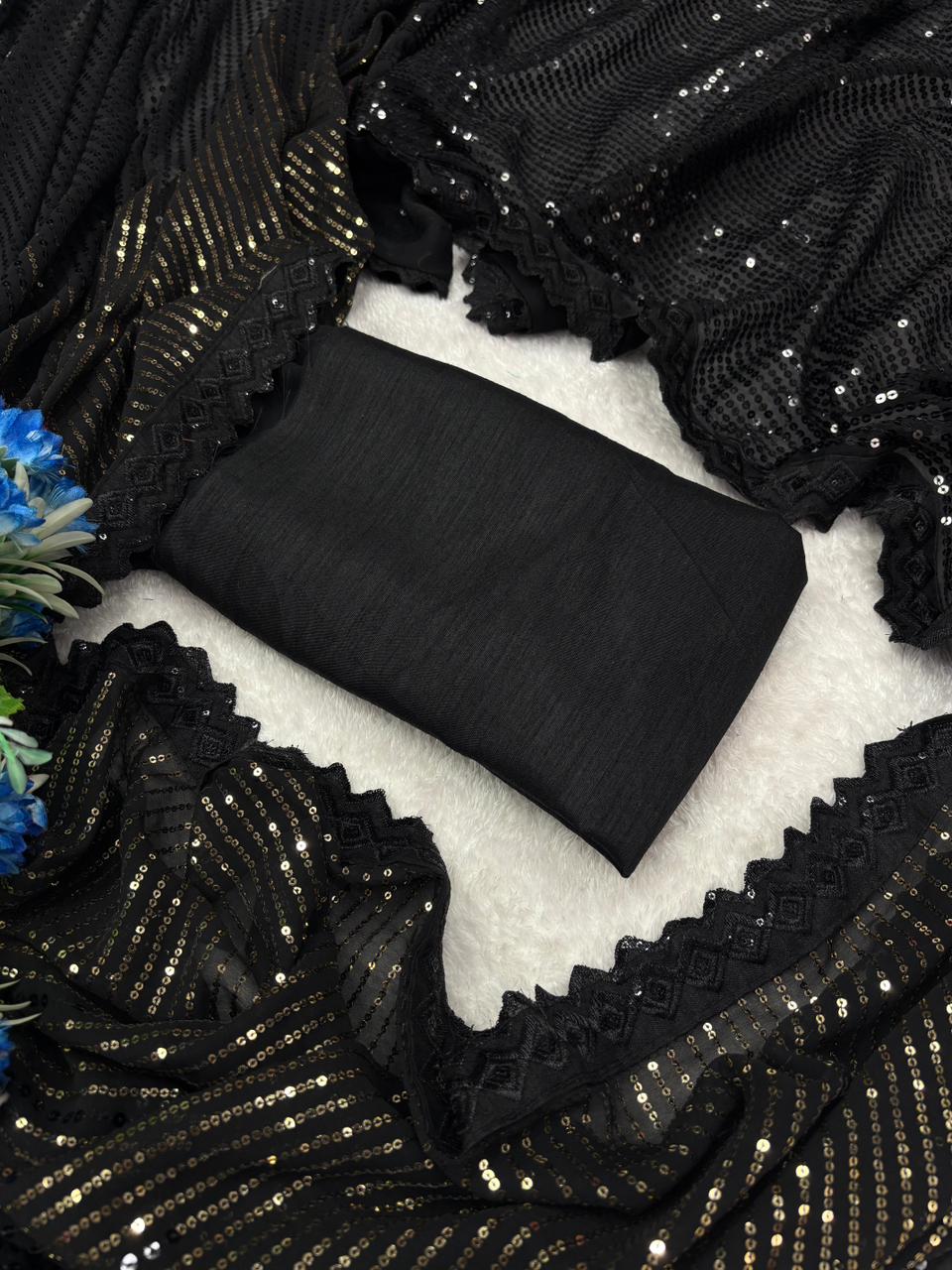 Black Georgette Saree With All Over Sequence Work And Lace Border