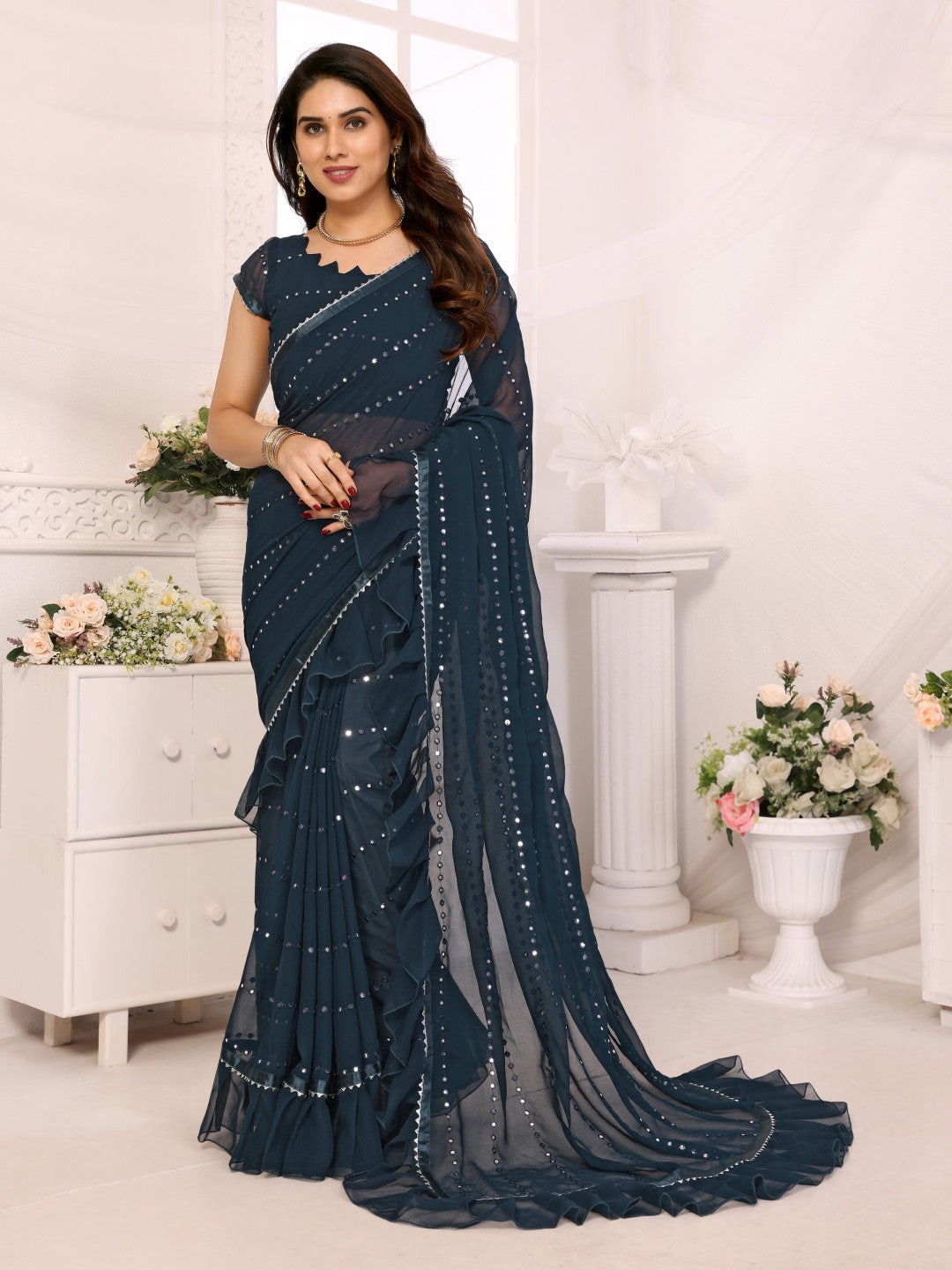 Soft Georgette Saree With Mirror Work