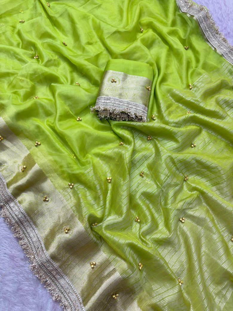 Organza Silk Saree with Beautiful Ghunghroo and Golden Zari Border Work
