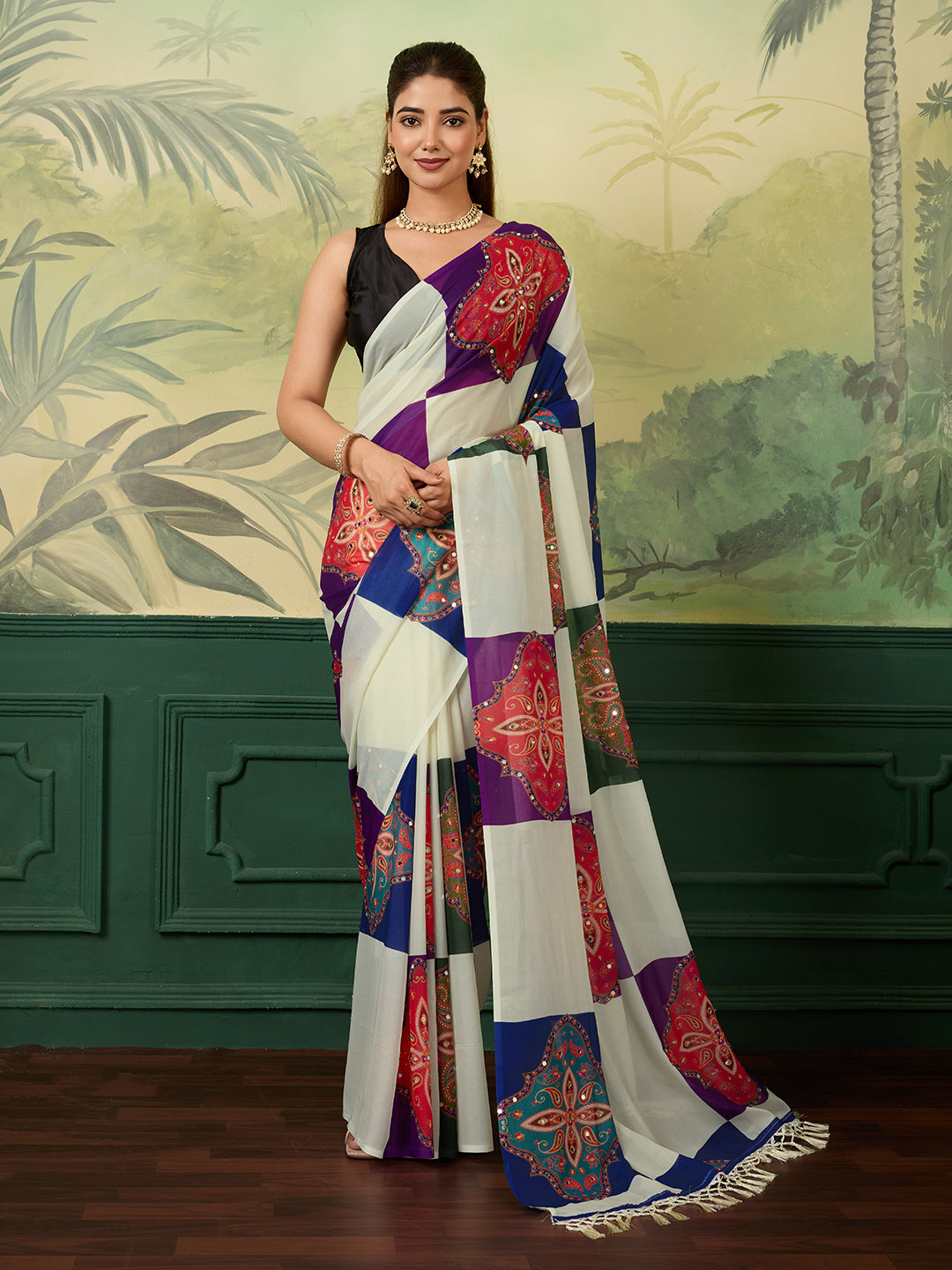 Soft Star Georgette Silk Saree With Digital Printed And Mirror Work