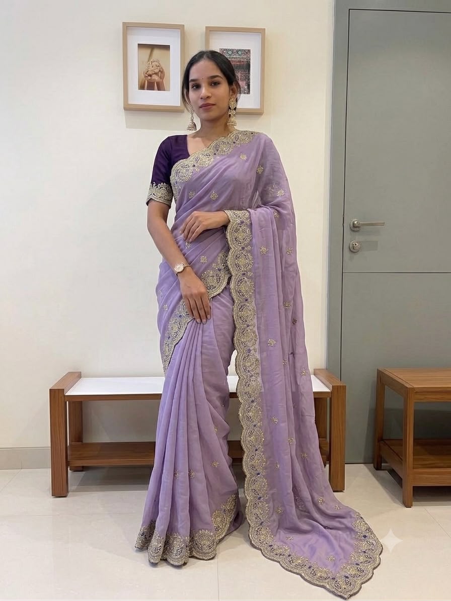 Soft Star Georgette Silk Saree With Embroidery And Sequence Work