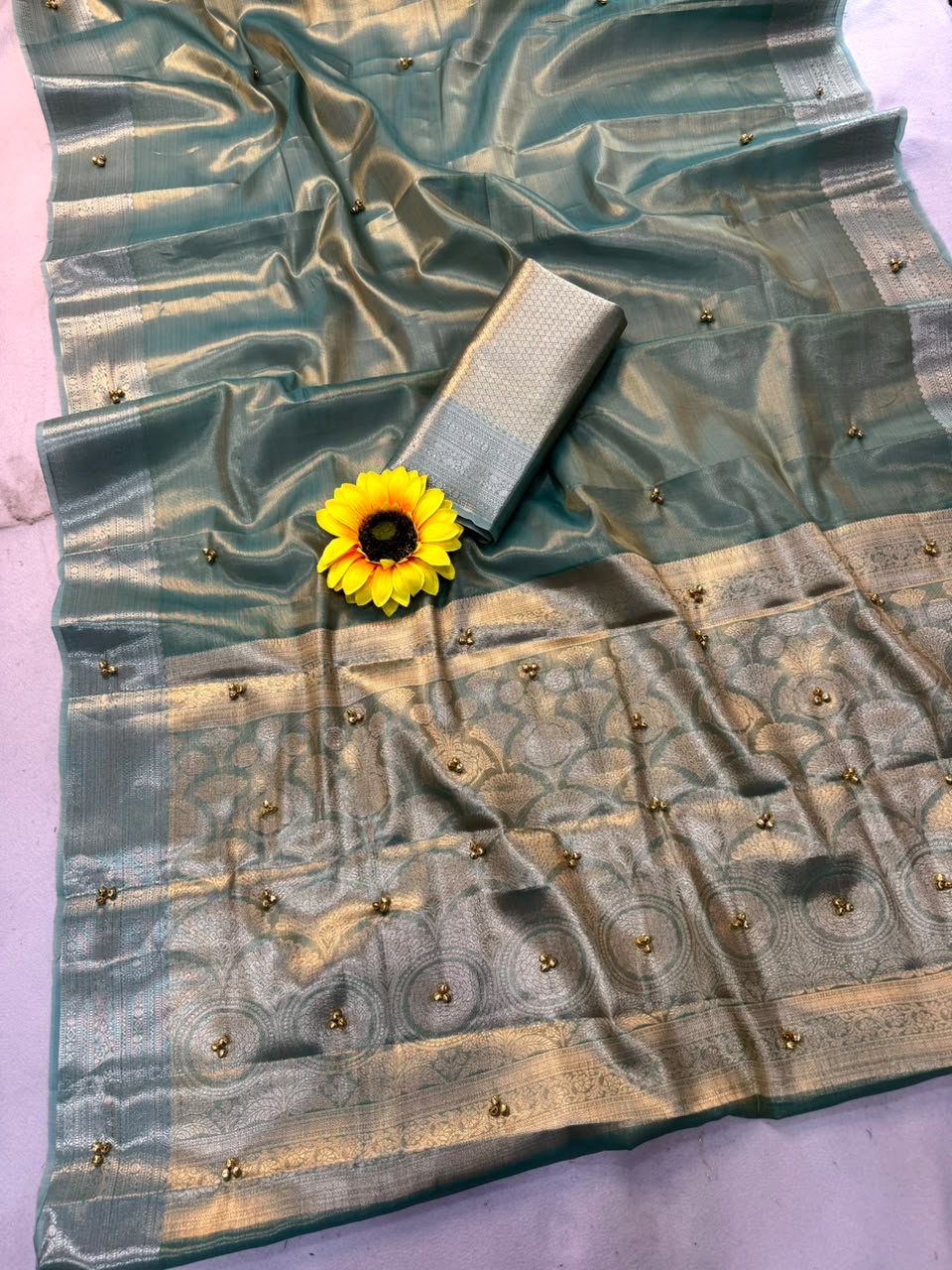 Banarasi Tissue Silk Saree with beautiful Ghunghroo and Golden zari border work