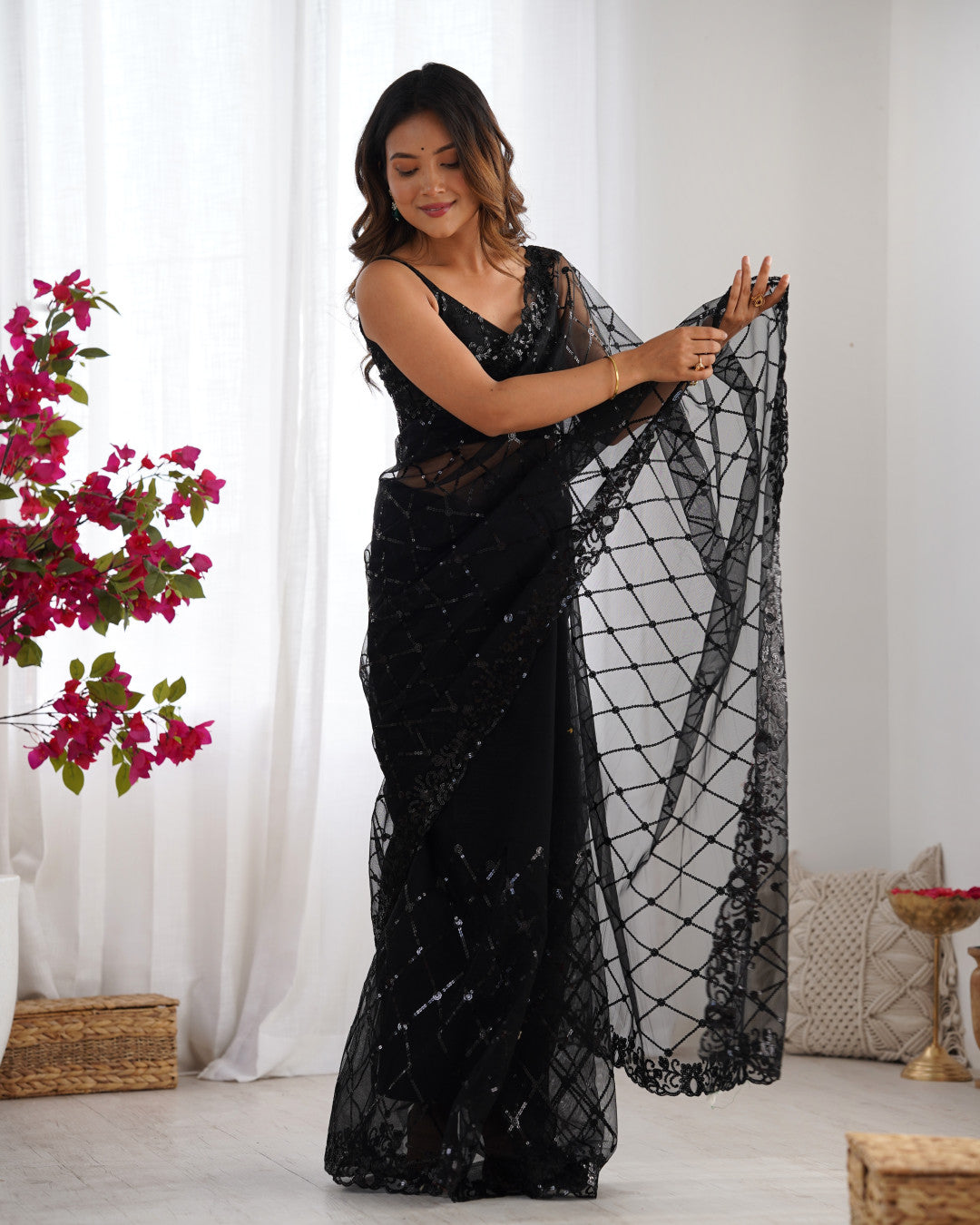 Net Embroidery Saree With Sequence Work- Black