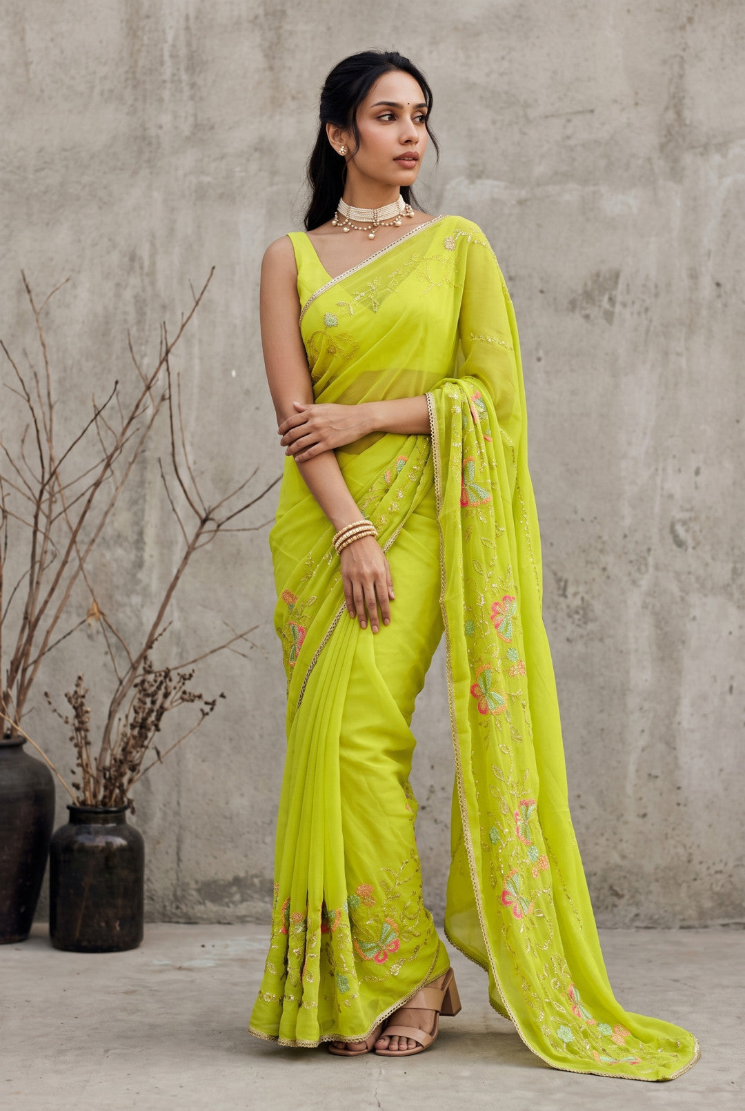 Georgette Saree With Beautiful Embroidery Work