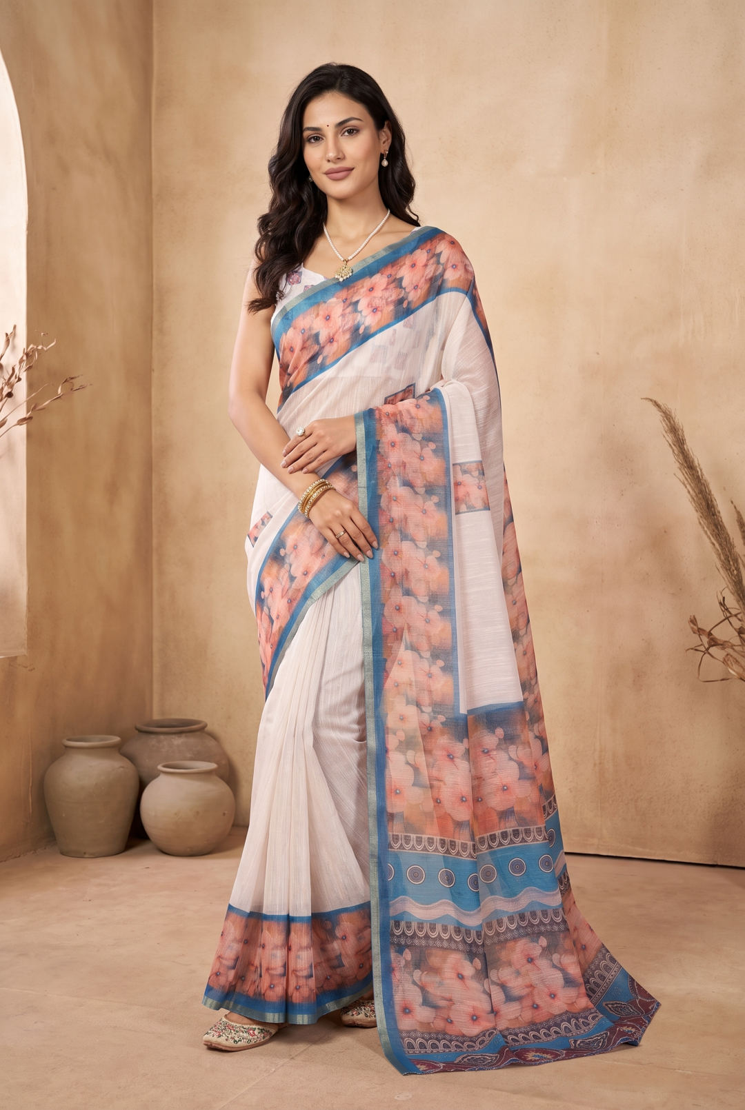 Soft Linen Cotton Saree With Beautiful Digital Printed Work With Zari Border