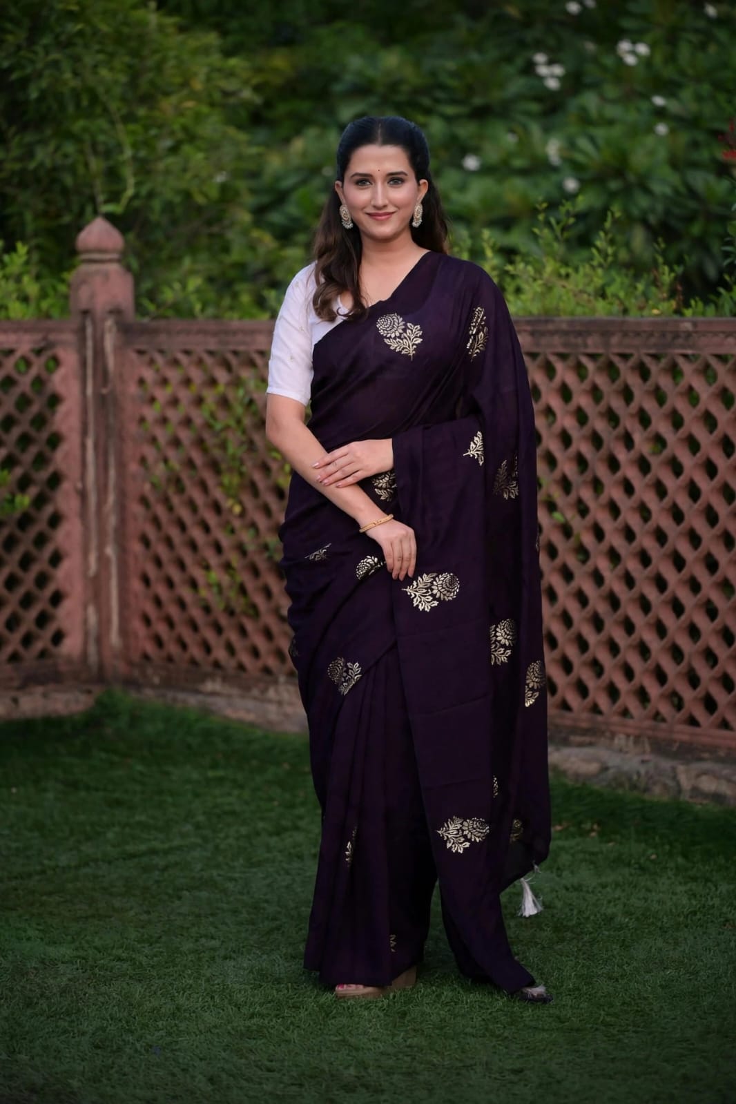 Soft Vichitra Silk Foil Printed Saree With Tassels