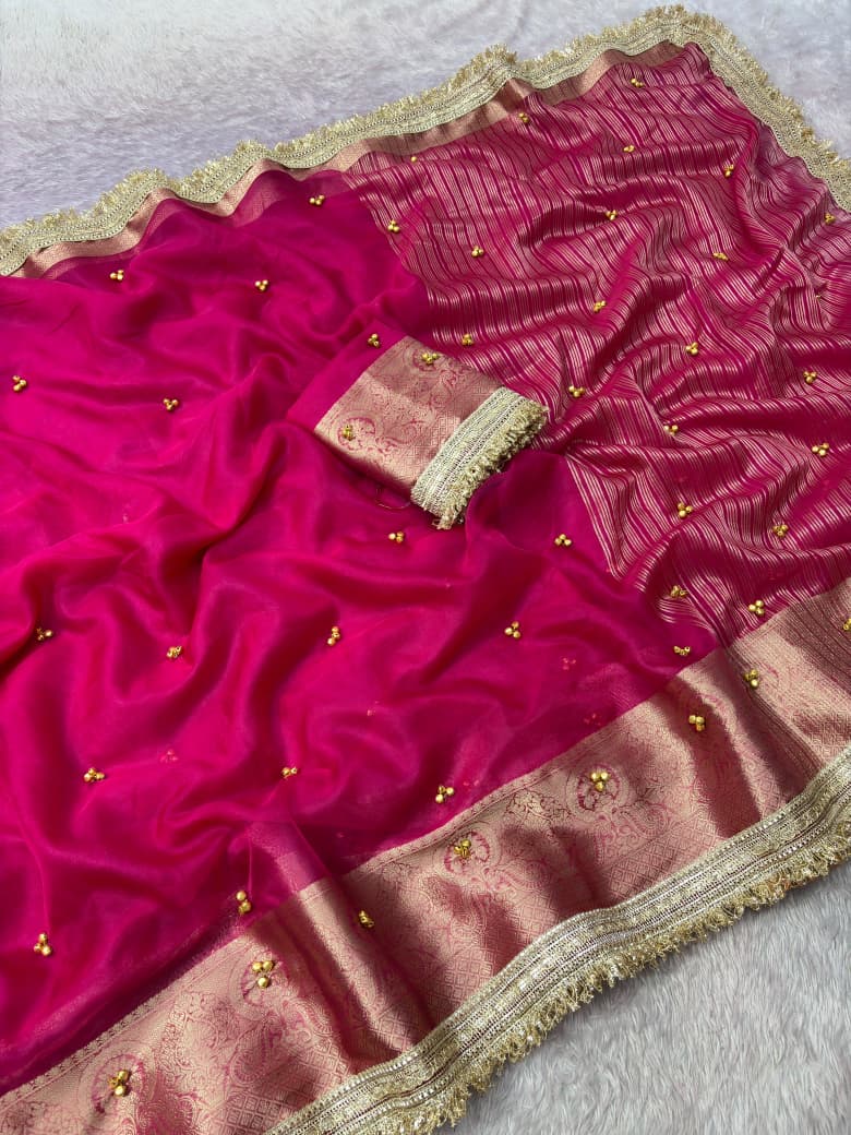 Organza Silk Saree with Beautiful Ghunghroo and Golden Zari Border Work