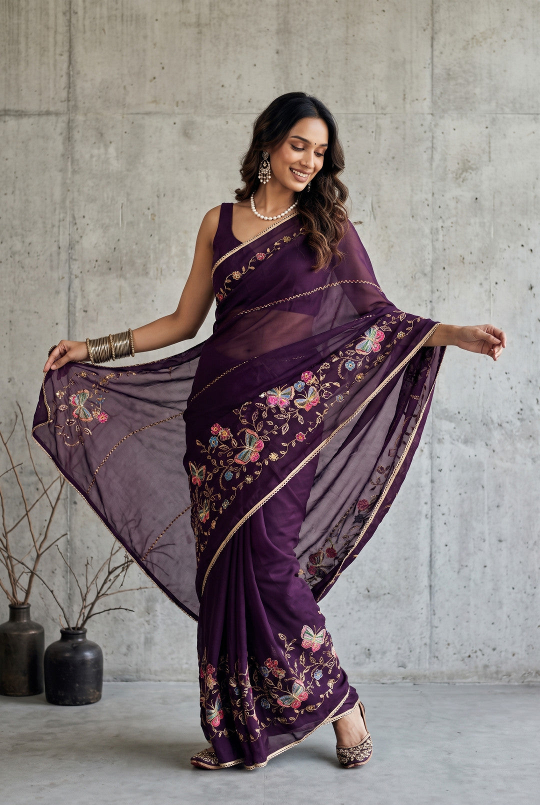 Georgette Saree With Beautiful Embroidery Work