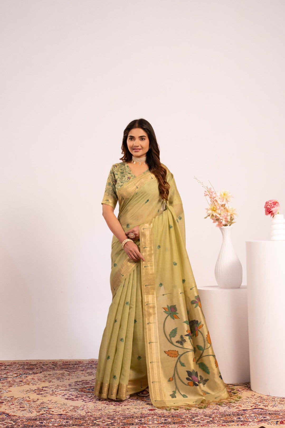 Muga Cotton Saree with Paithani Pallu and Zari Weaving Border