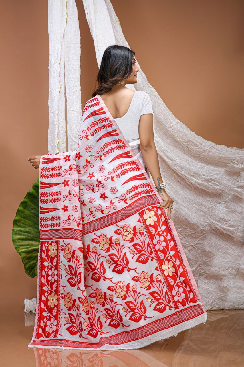 White Color Soft Linen Cotton Saree With Marker Salb Weaving Work