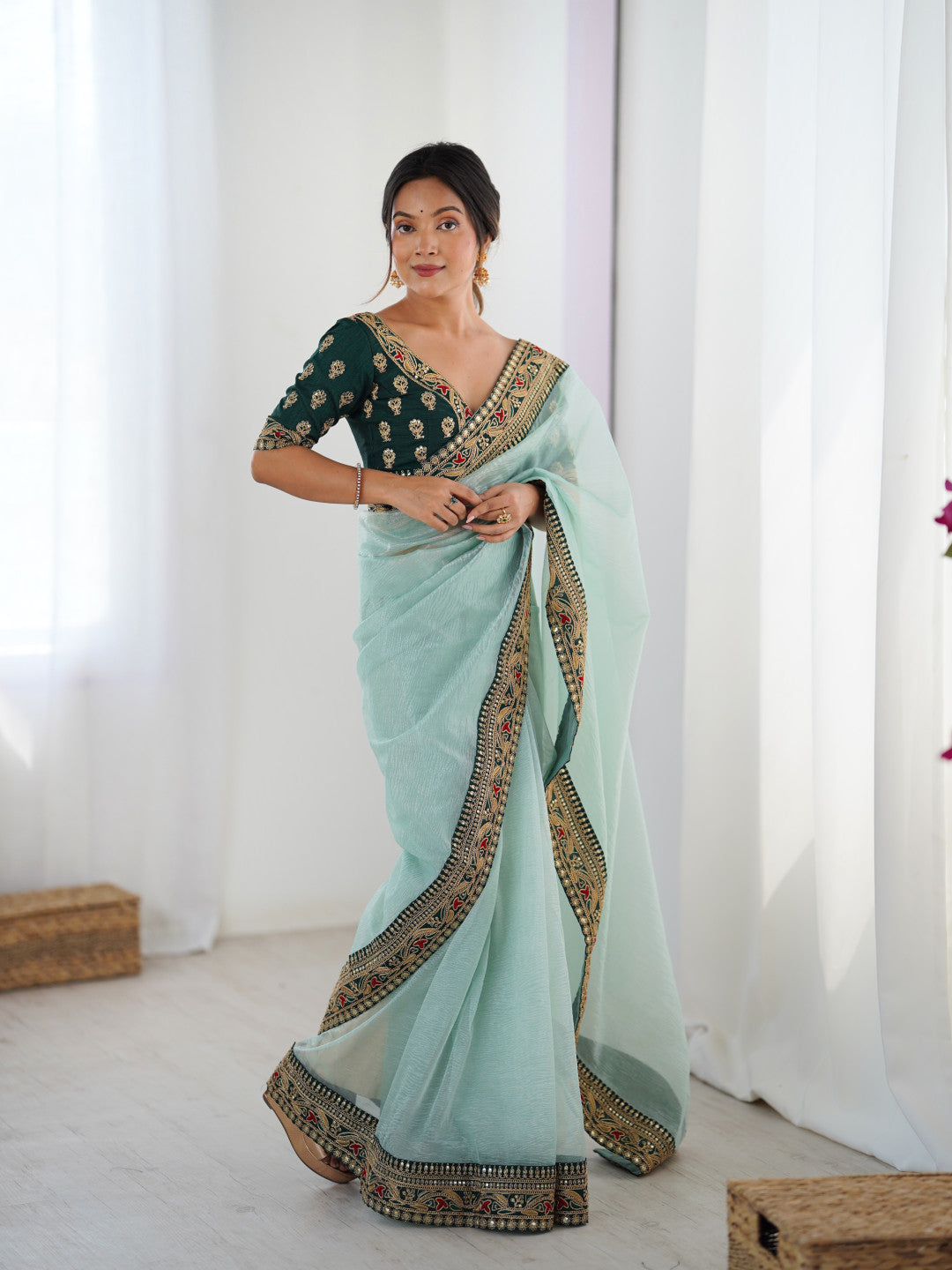 Net Saree With Sequence Zari Work Border
