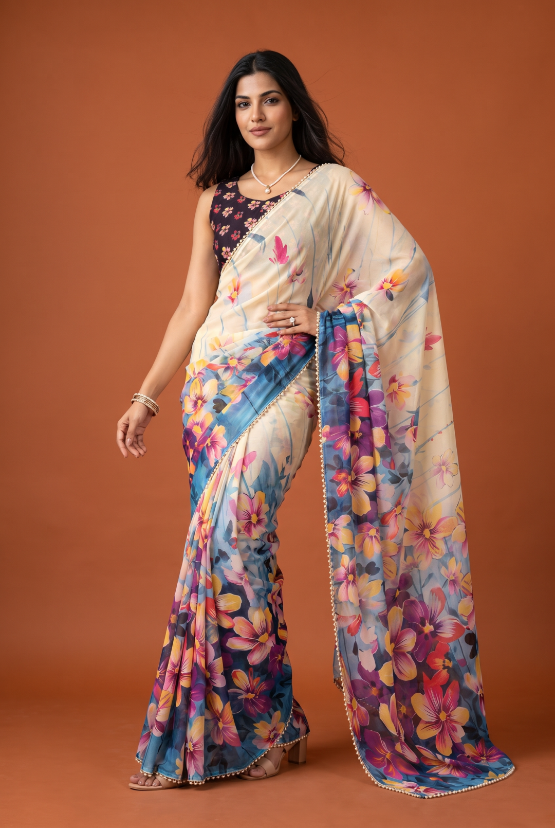 Soft Georgette Saree With Beautiful Digital Printed Work With Lace Moti Border