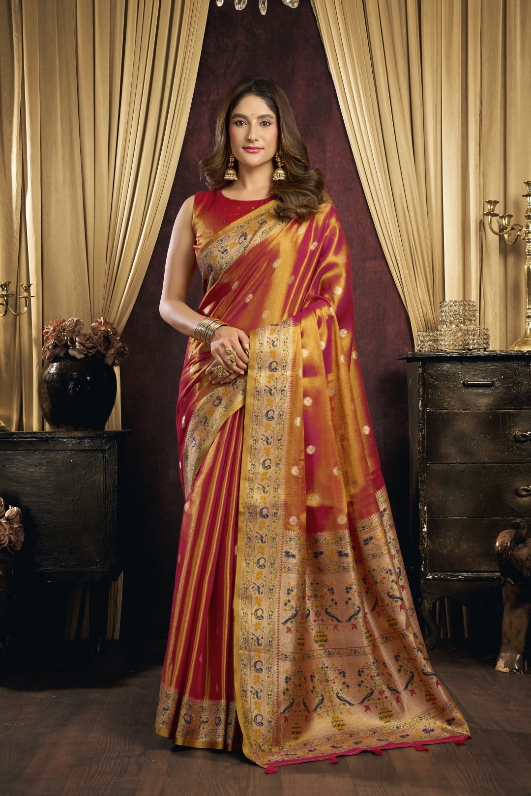 Tissue Paithani Silk Saree With Thread Weaving Work