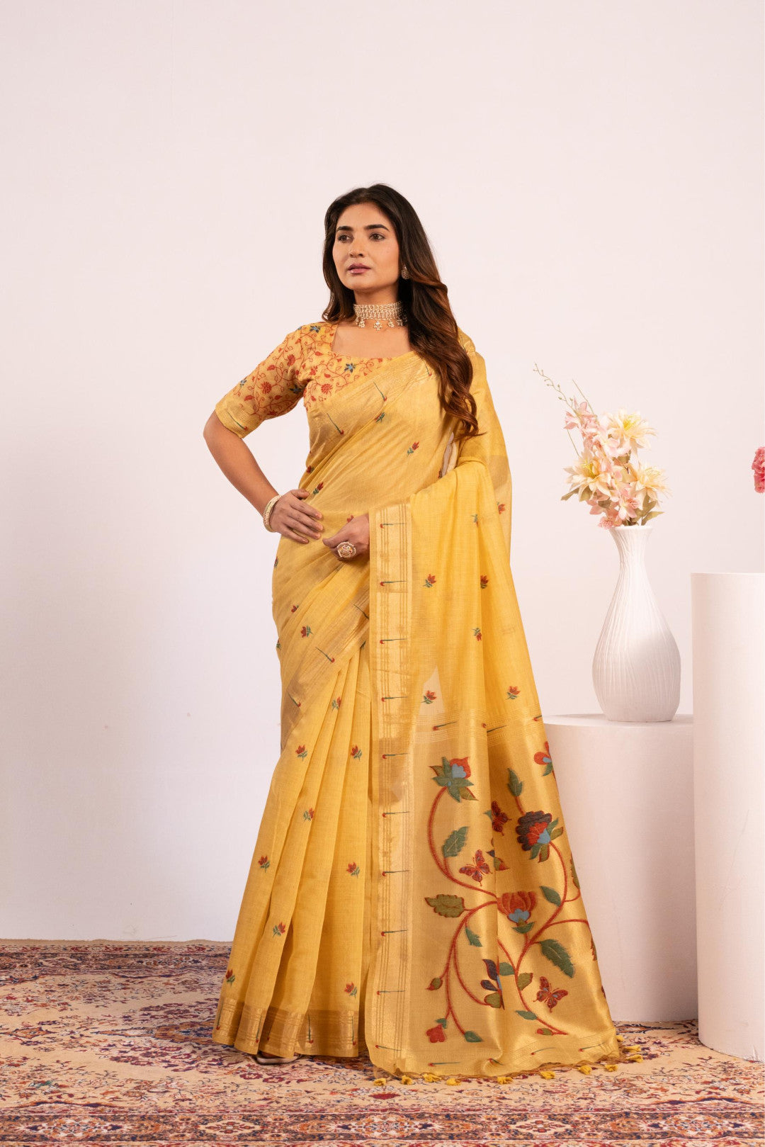 Muga Cotton Saree with Paithani Pallu and Zari Weaving Border