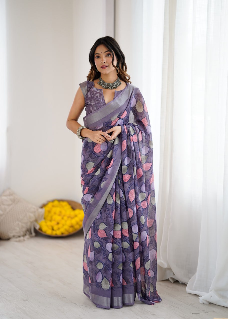 Linen Cotton Saree With Flower Digital Printed Work