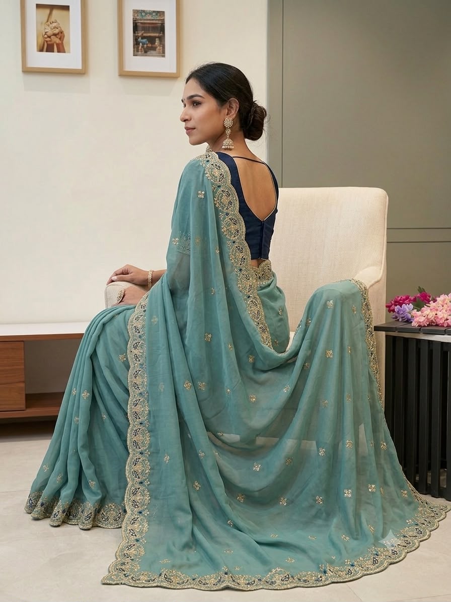 Soft Star Georgette Silk Saree With Embroidery And Sequence Work