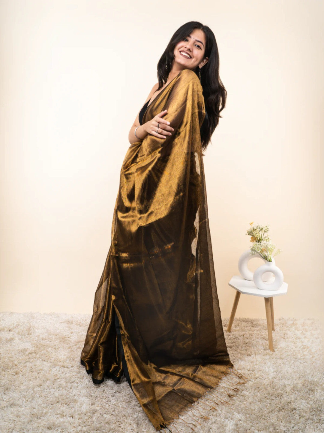 Premium Golden Tissue Silk Saree With Embellished Look