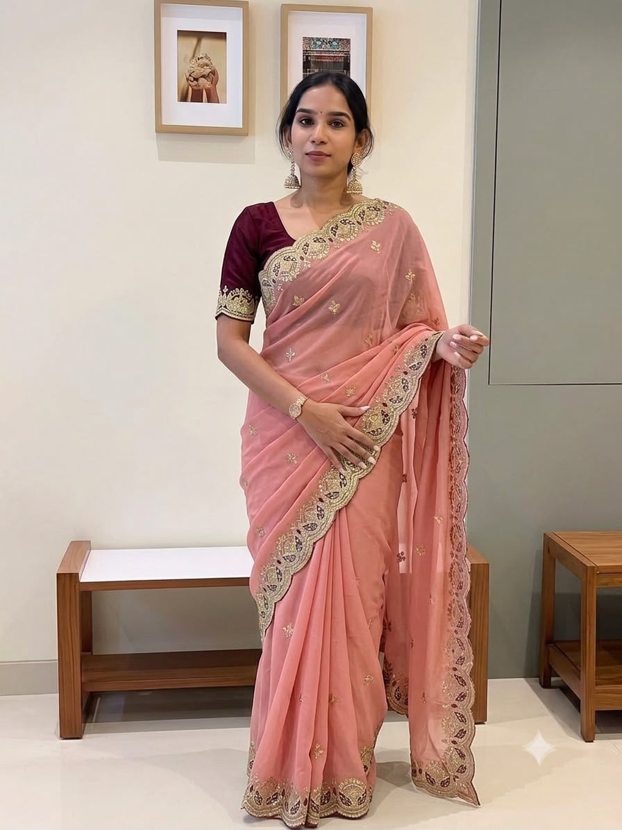 Soft Star Georgette Silk Saree With Embroidery And Sequence Work