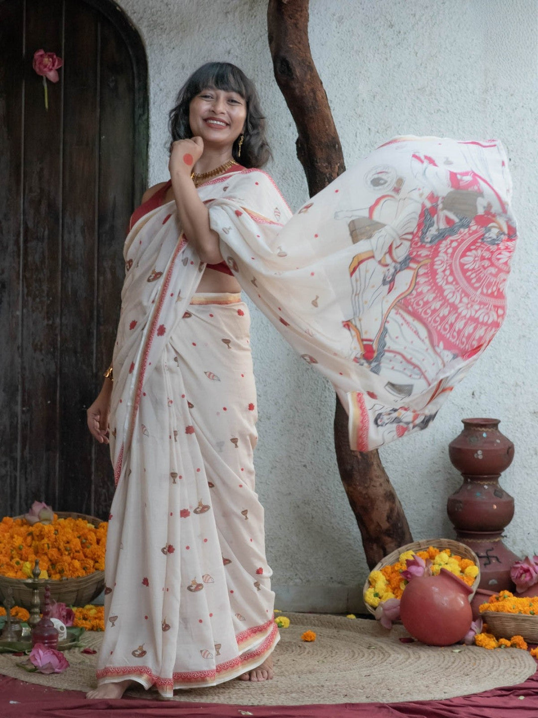 Durga Pooja Special White Color Soft Linen Cotton Saree With Digital Printed Work And Golden Zari