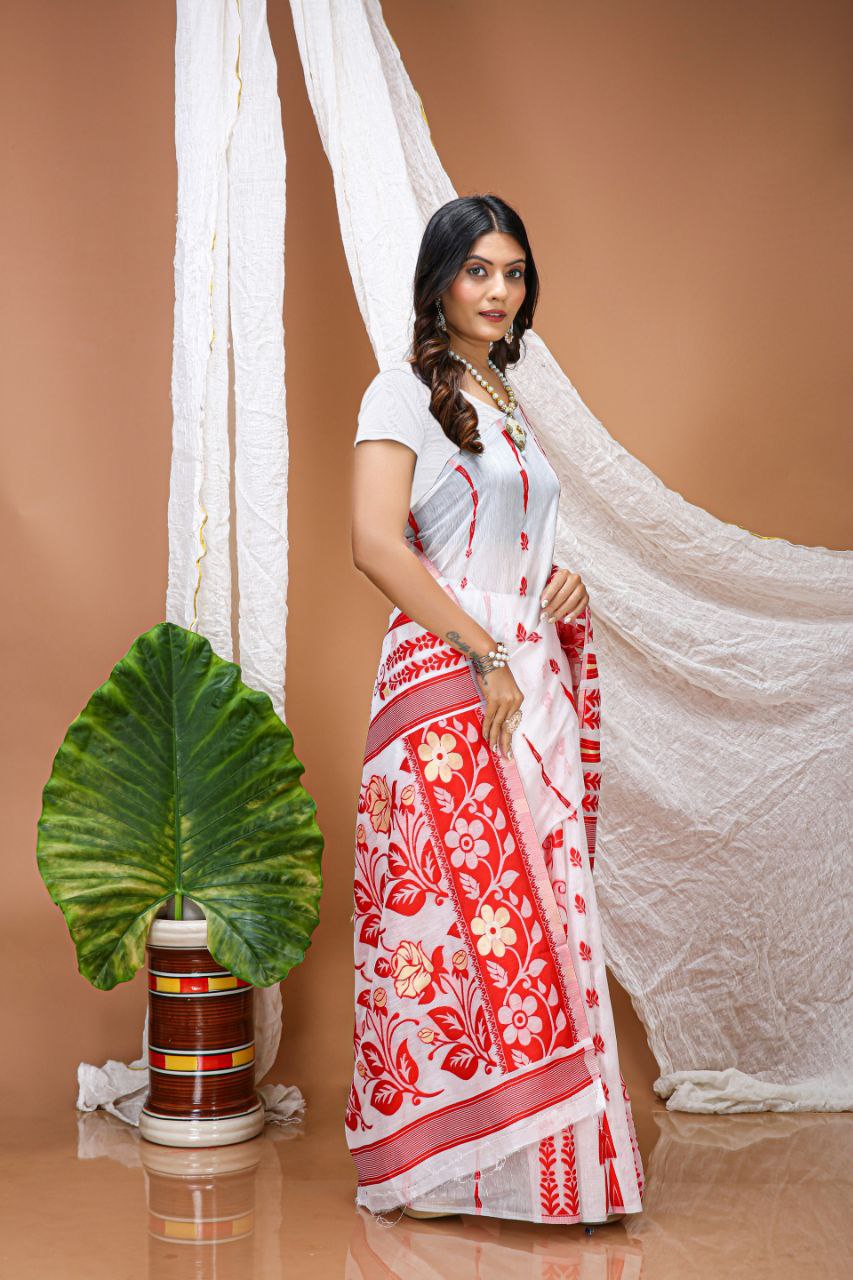 White Color Soft Linen Cotton Saree With Marker Salb Weaving Work