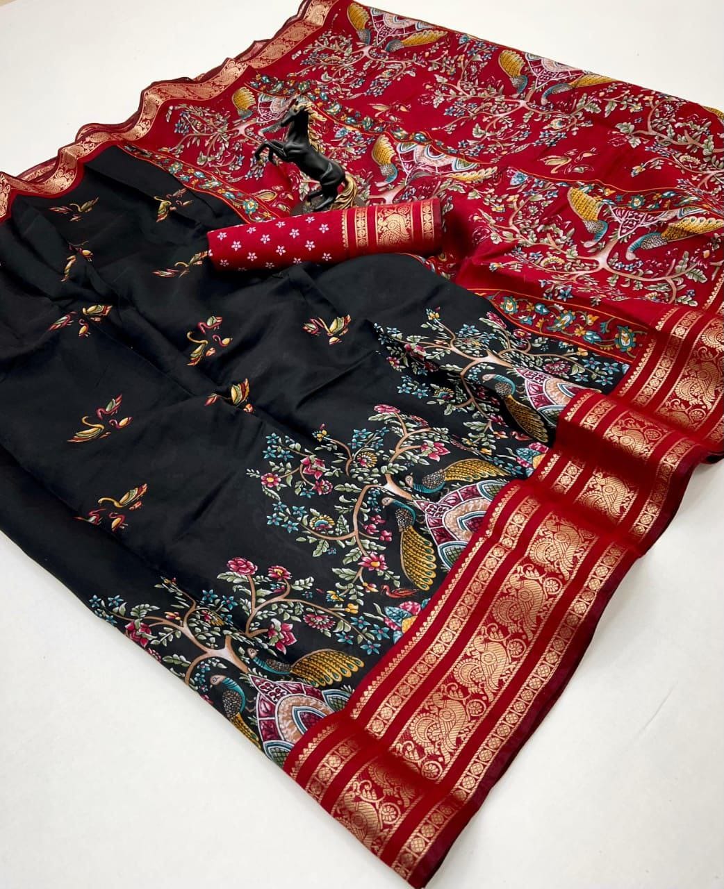 Viscose Silk Saree with Golden Zari Weaving and Kalamkari Work