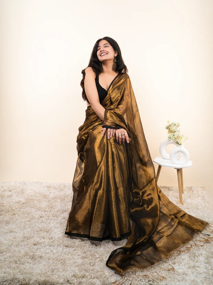 Premium Golden Tissue Silk Saree With Embellished Look