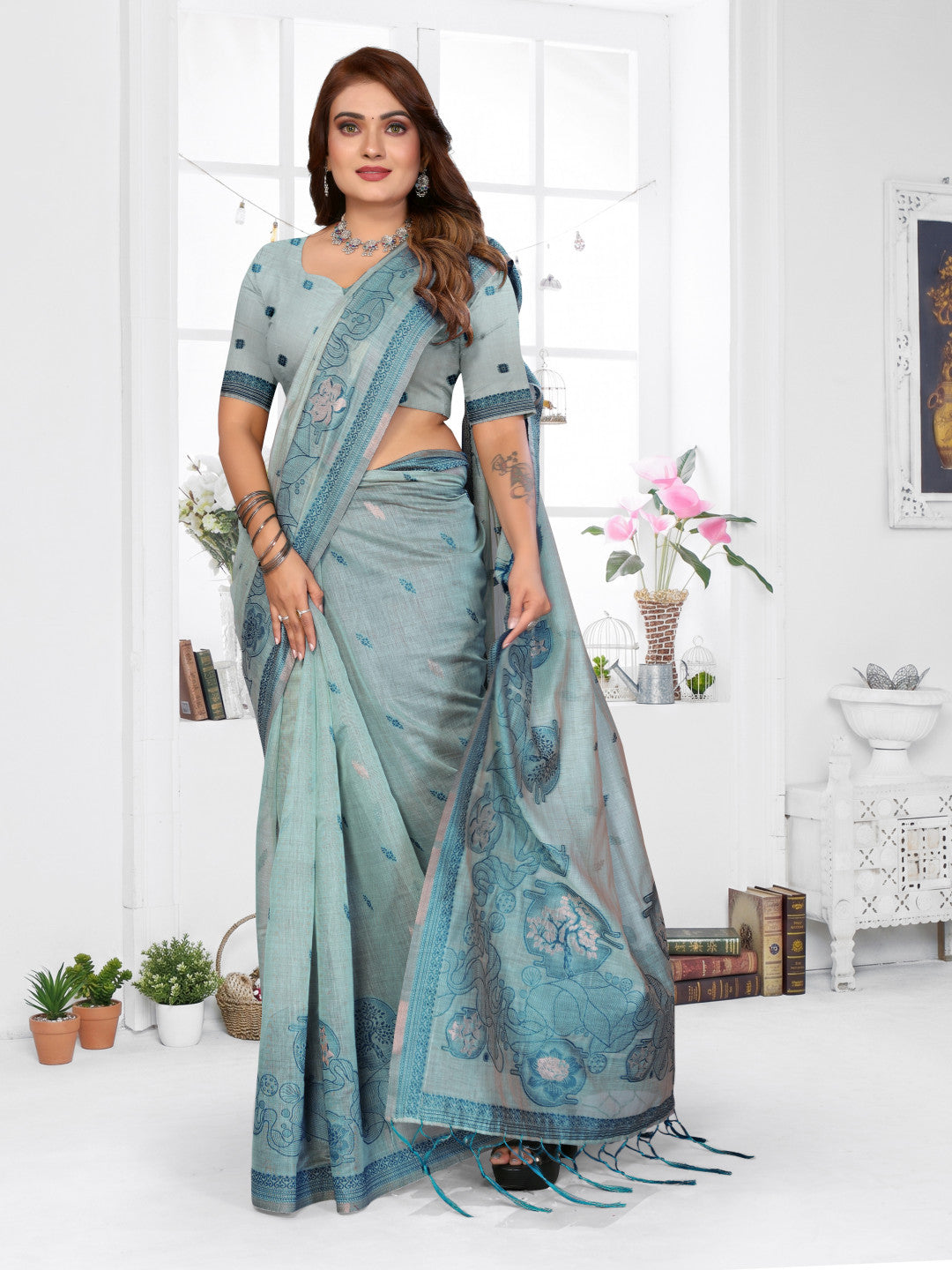 Soft Spun Base Muga Cotton Saree With Jacquard Weaving Work