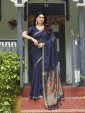 Soft Linen Silk Saree With Floral Weaving Pallu And Zari Border Work