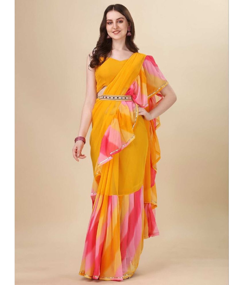 Soft Yellow Georgette Saree With Beautiful Laheriya Zallar Work
