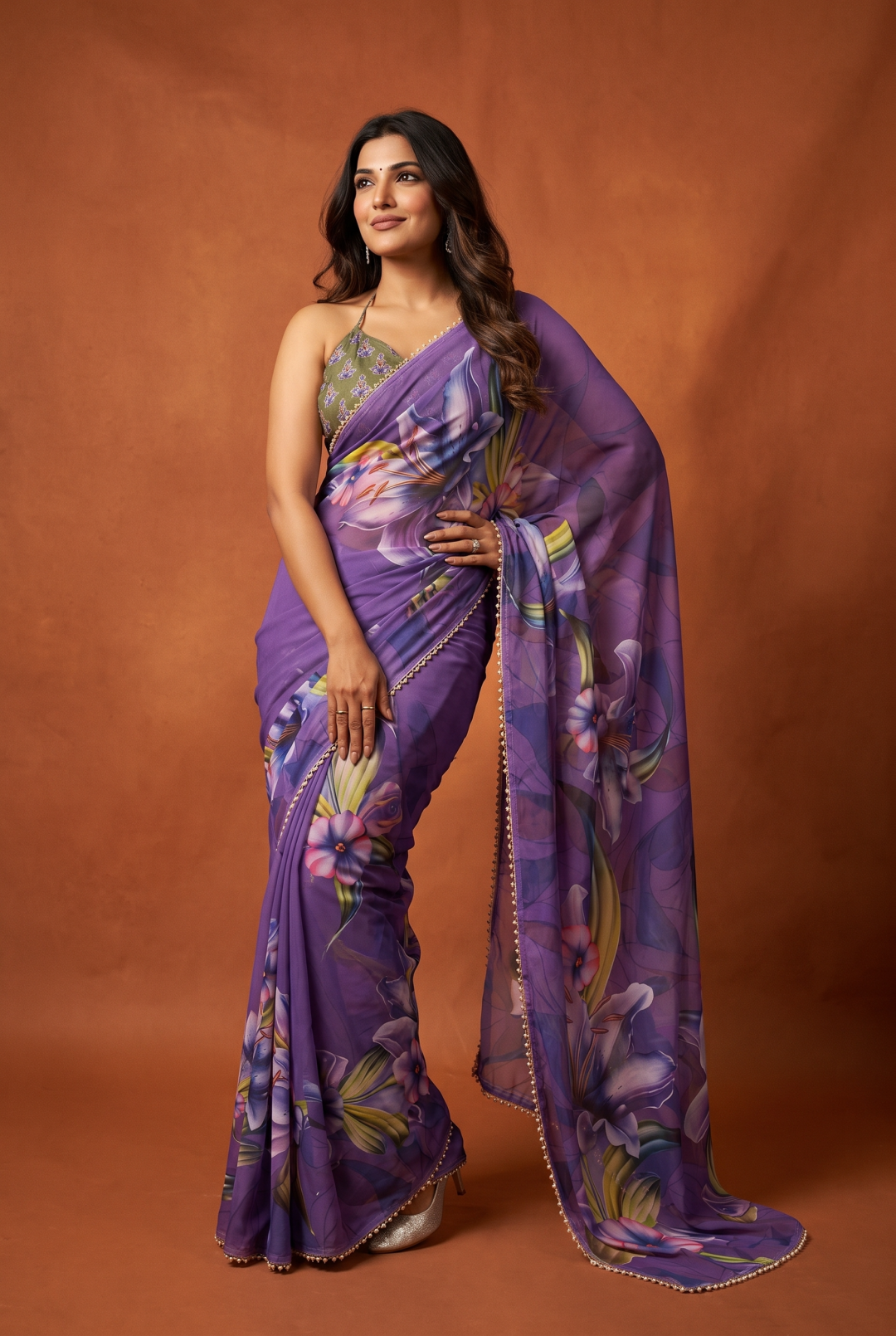 Soft Georgette Saree With Beautiful Digital Printed Work With Lace Moti Border
